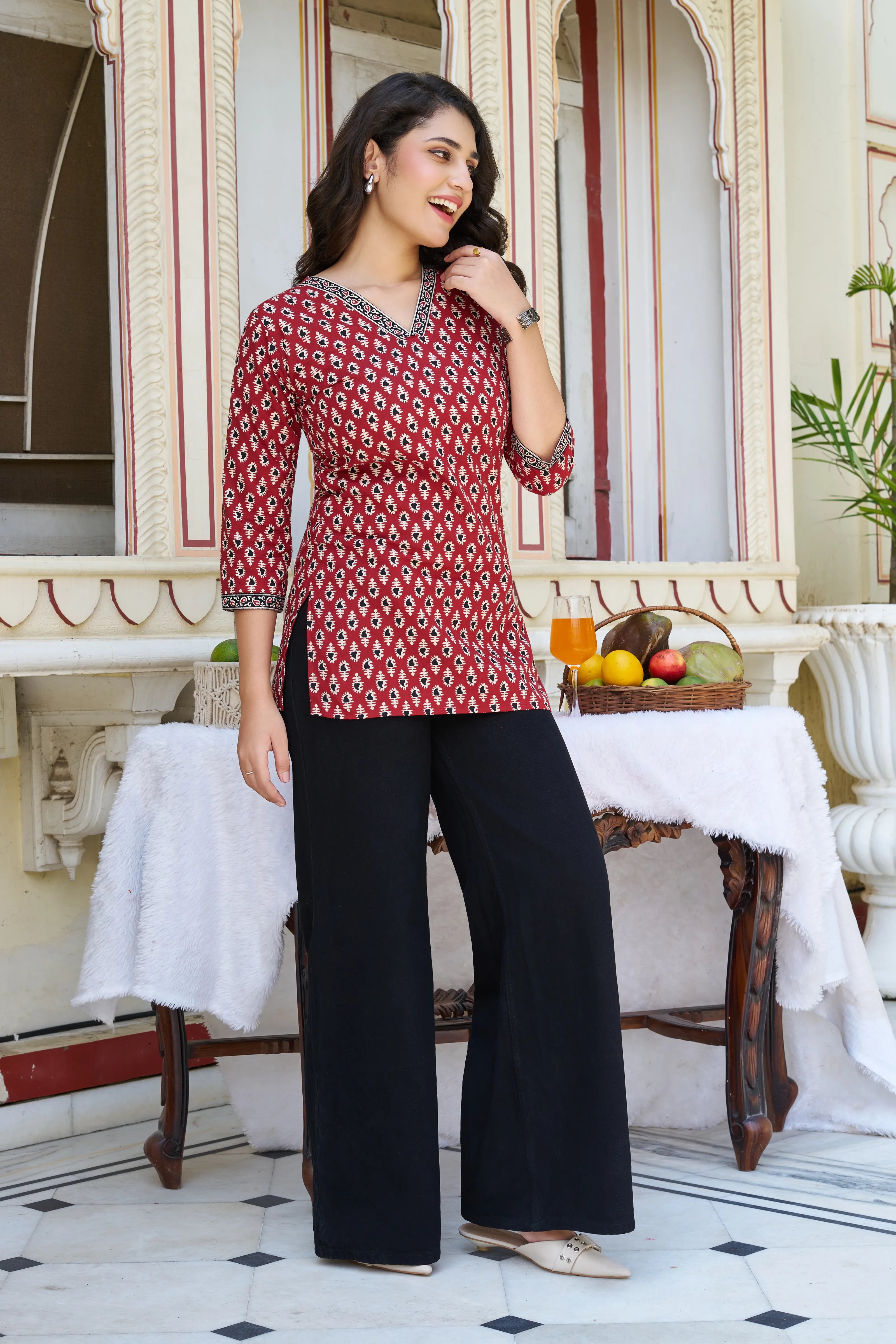 Brick Red Block-Printed Short Kurti in Cotton
