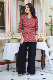 Brick Red Block-Printed Short Kurti in Cotton