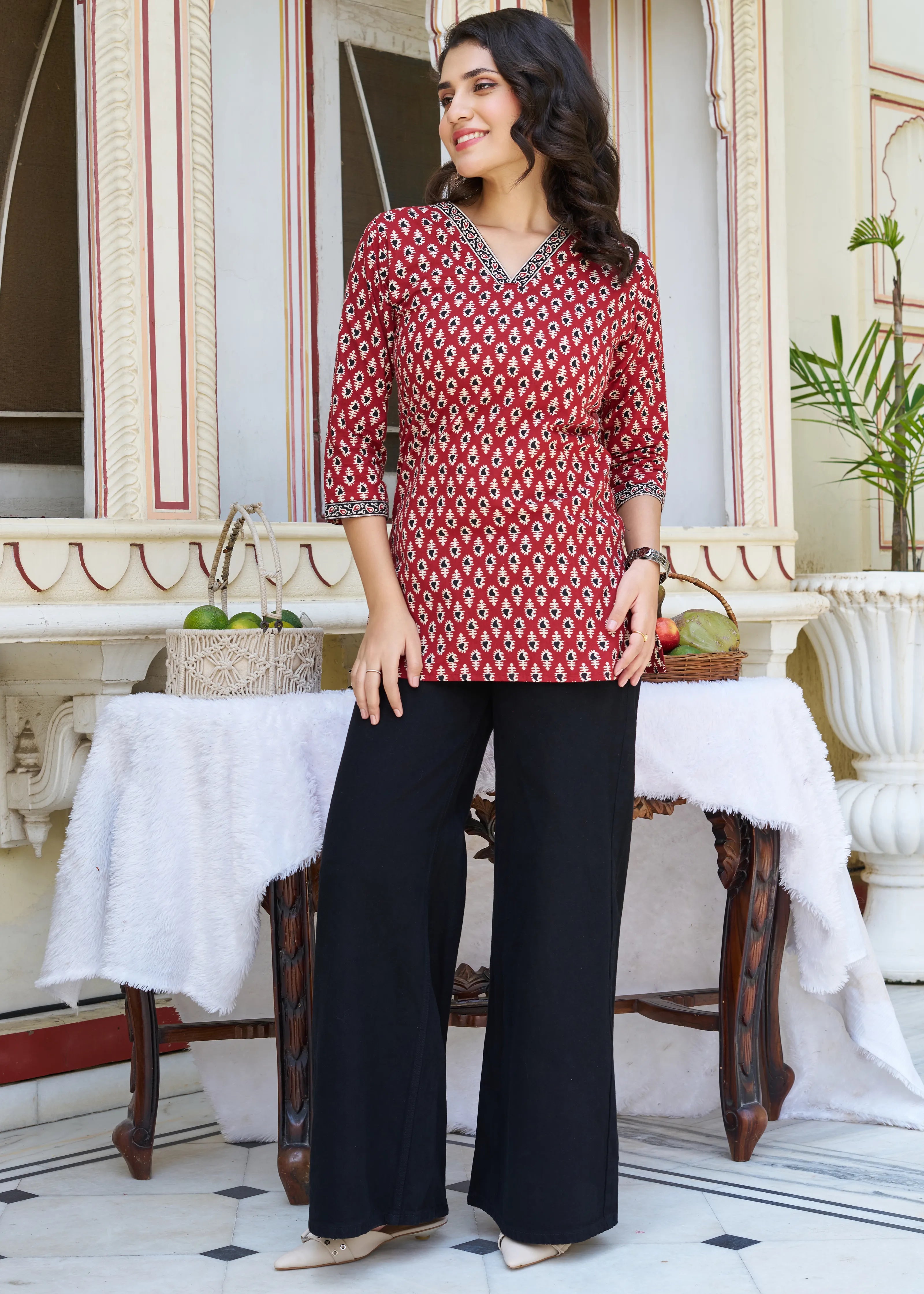 Brick Red Block-Printed Short Kurti in Cotton