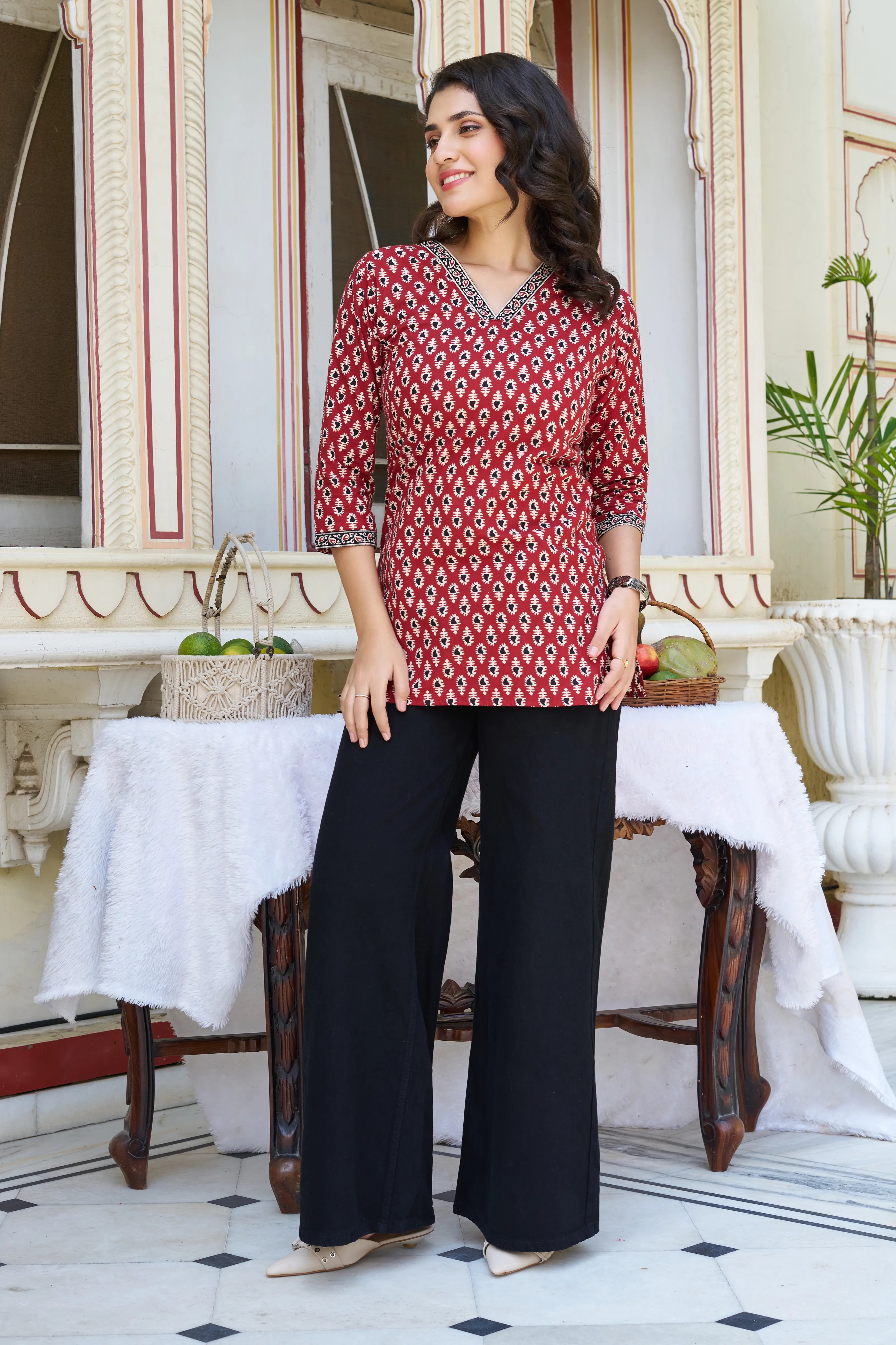 Brick Red Block-Printed Short Kurti in Cotton