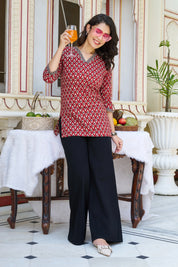 Brick Red Block-Printed Short Kurti in Cotton