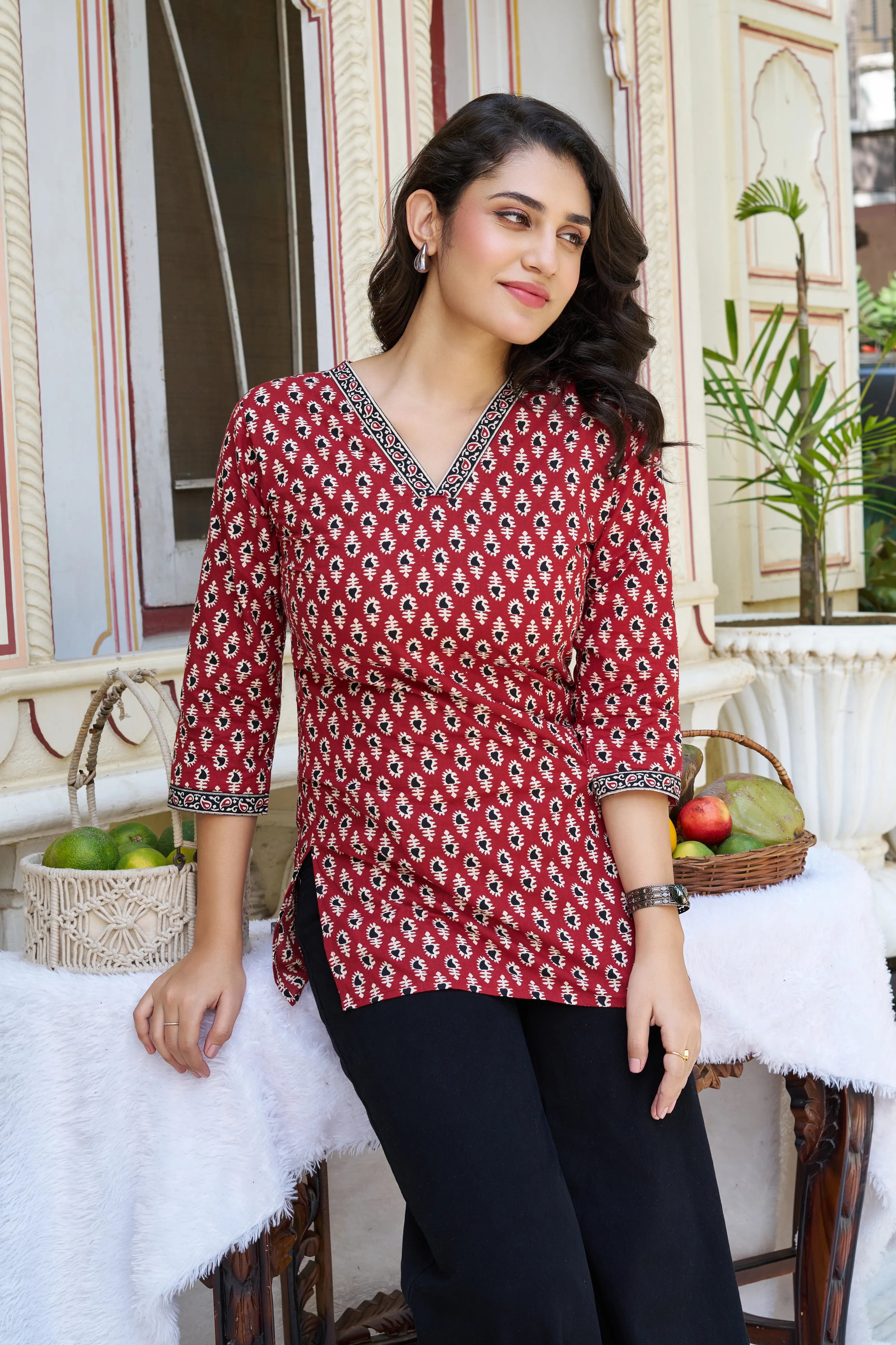 Brick Red Block-Printed Short Kurti in Cotton