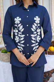 Navy Blue Floral Embroidered Cotton Co-ord Set