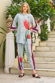 Sky Blue Artistic Floral Stripe Co-ord Set in Crepe