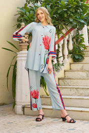 Sky Blue Artistic Floral Stripe Co-ord Set in Crepe