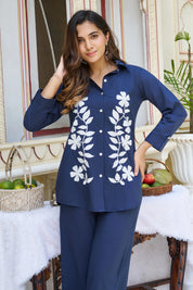 Navy Blue Floral Embroidered Cotton Co-ord Set