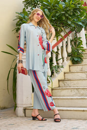 Sky Blue Artistic Floral Stripe Co-ord Set in Crepe