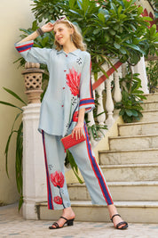 Sky Blue Artistic Floral Stripe Co-ord Set in Crepe