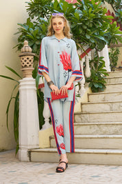 Sky Blue Artistic Floral Stripe Co-ord Set in Crepe