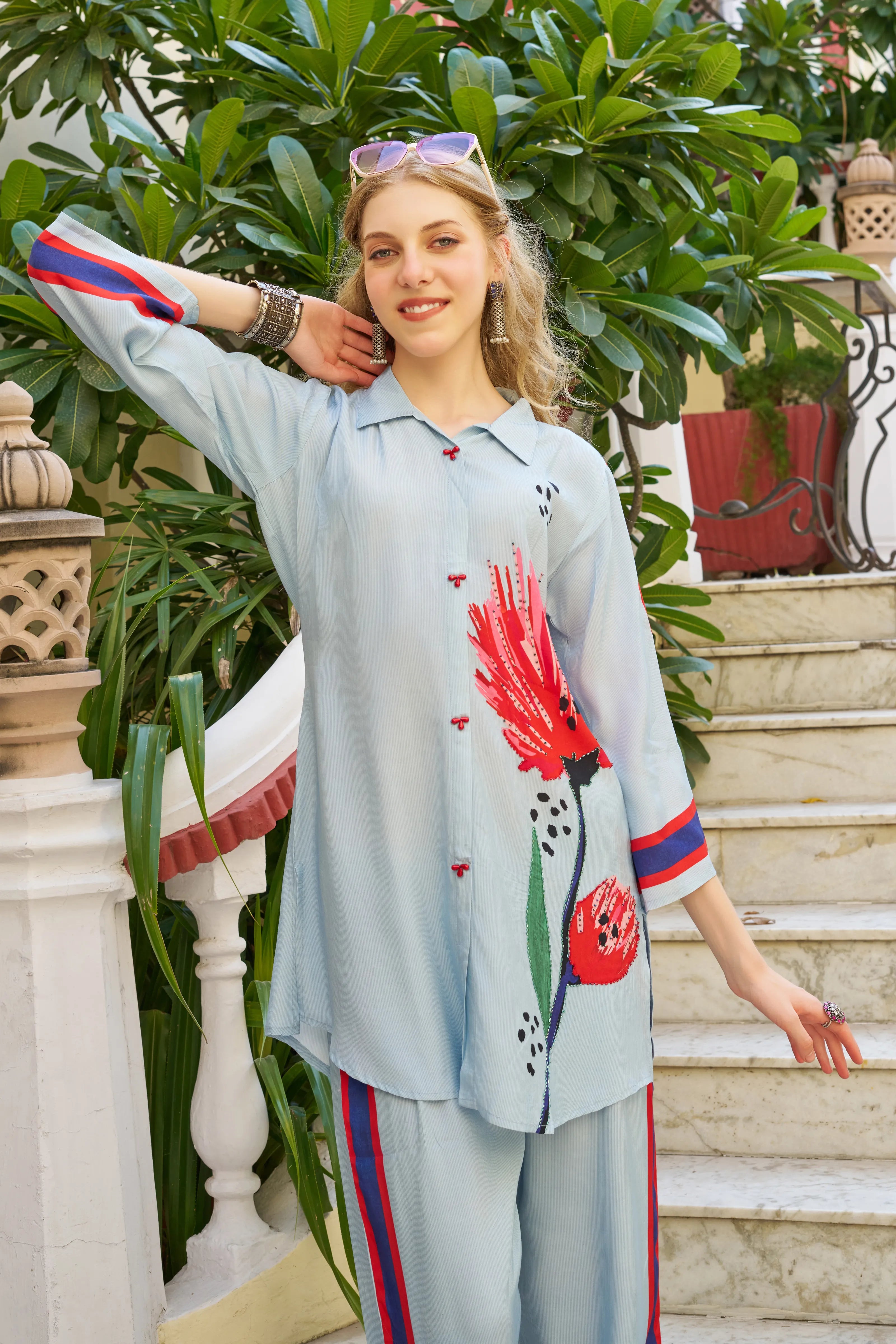 Sky Blue Artistic Floral Stripe Co-ord Set in Crepe