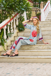 Sky Blue Artistic Floral Stripe Co-ord Set in Crepe