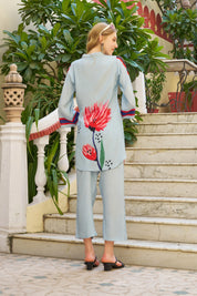 Sky Blue Artistic Floral Stripe Co-ord Set in Crepe