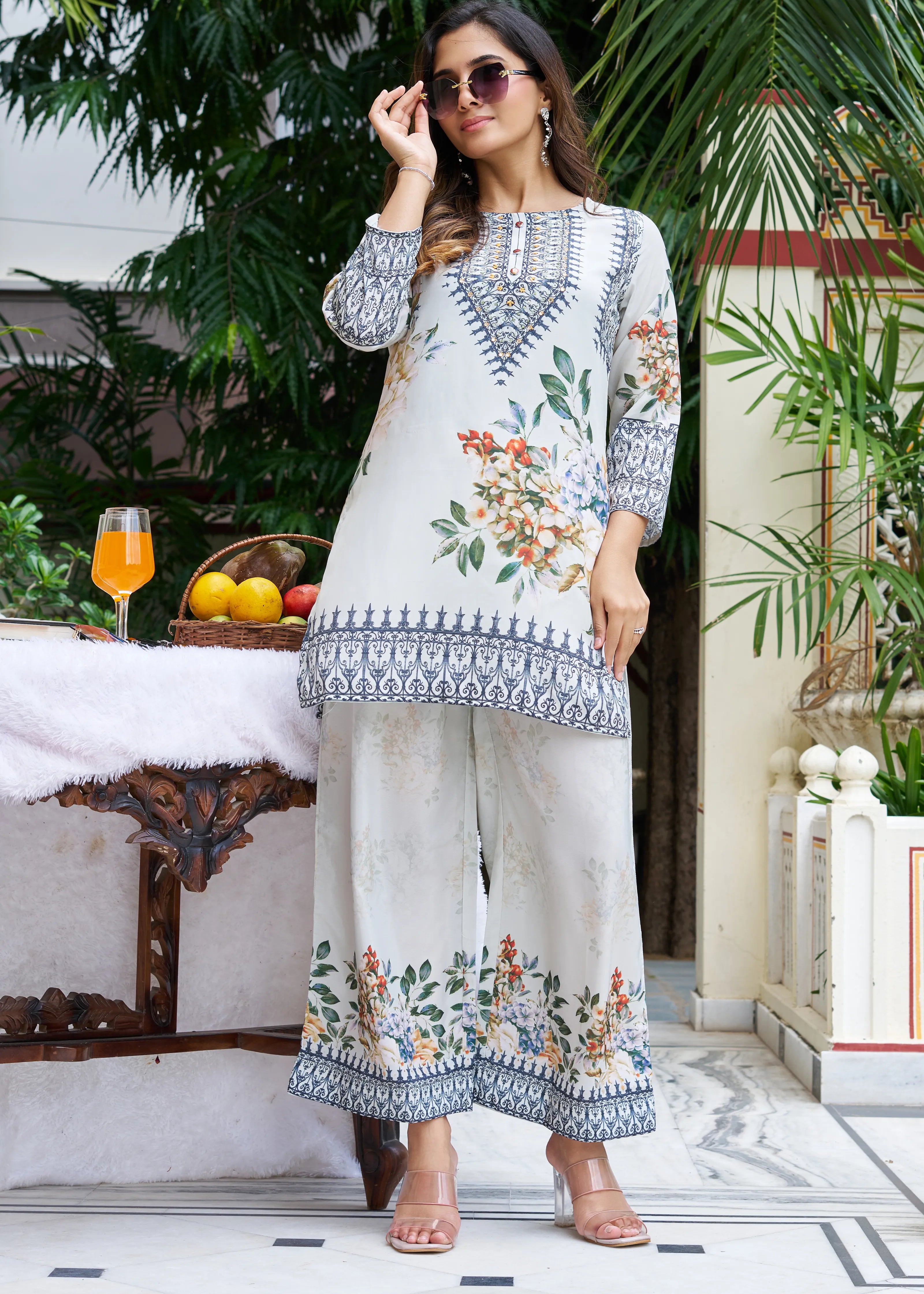 Light Green Base Multicolor Geometric Floral Co-ord Set