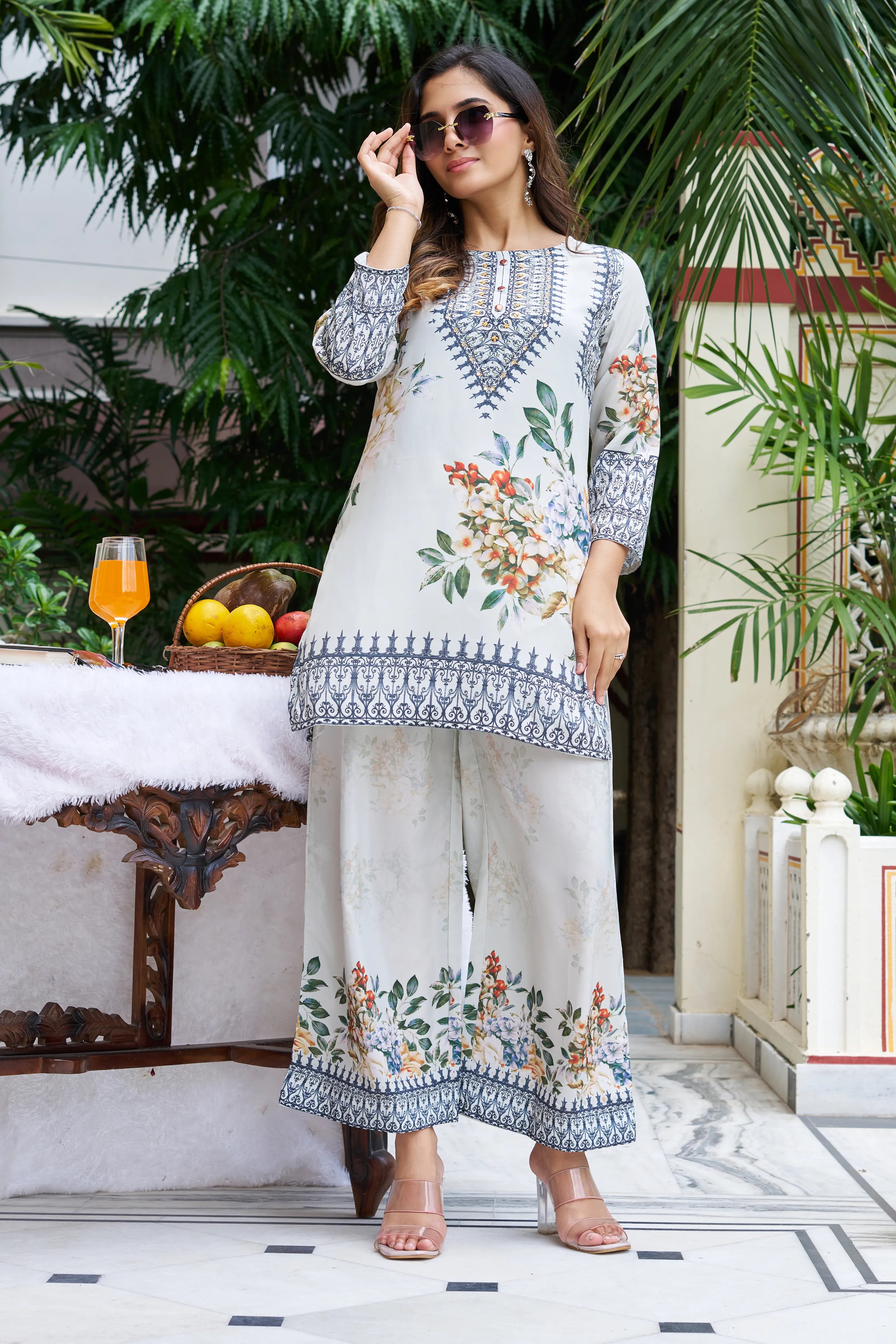 Light Green Base Multicolor Geometric Floral Co-ord Set