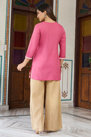 Pink Cotton Short Kurti with White Chikankari Embroidery