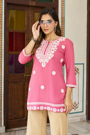 Pink Cotton Short Kurti with White Chikankari Embroidery