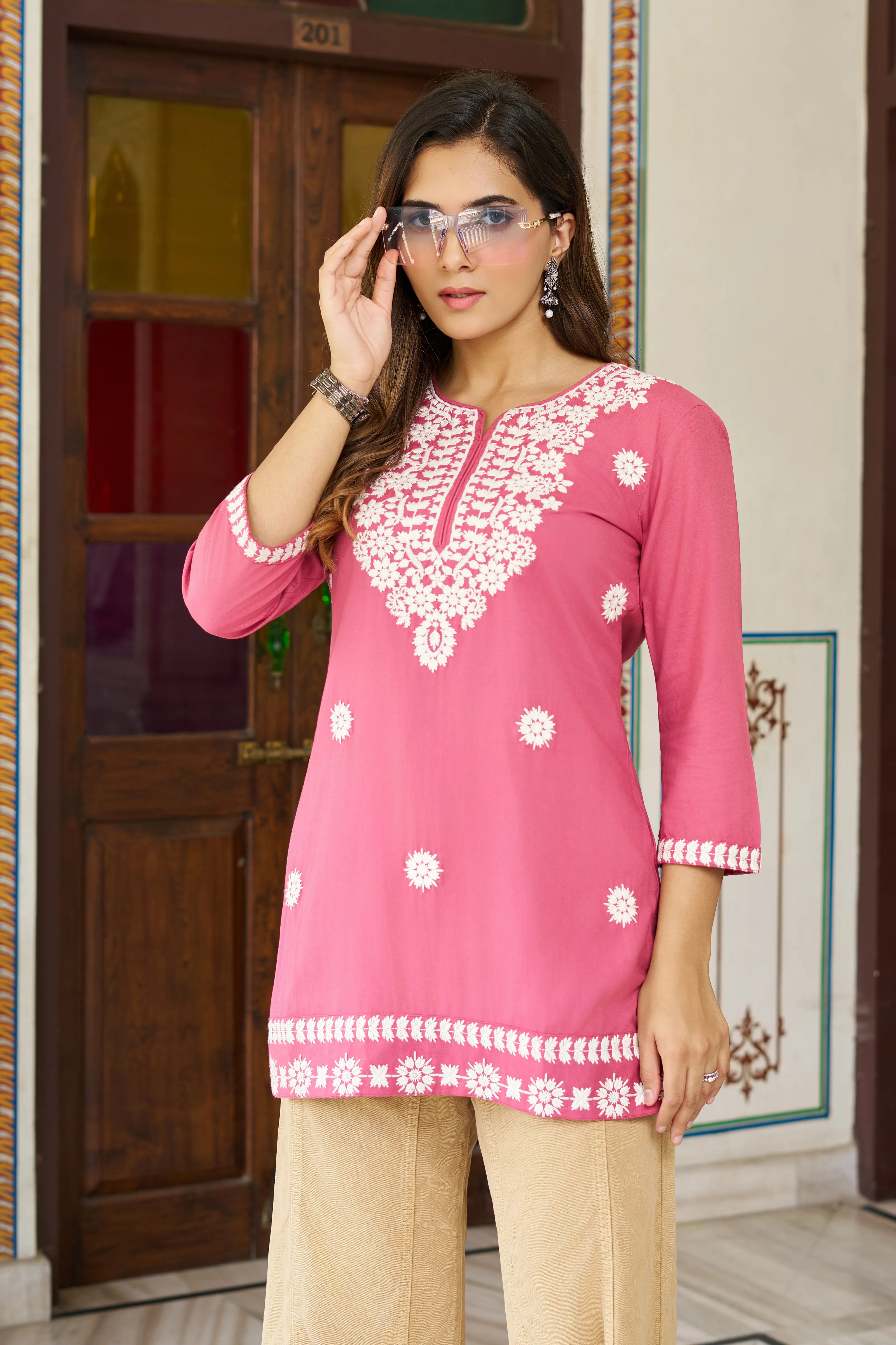 Pink Cotton Short Kurti with White Chikankari Embroidery