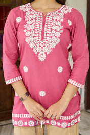 Pink Cotton Short Kurti with White Chikankari Embroidery