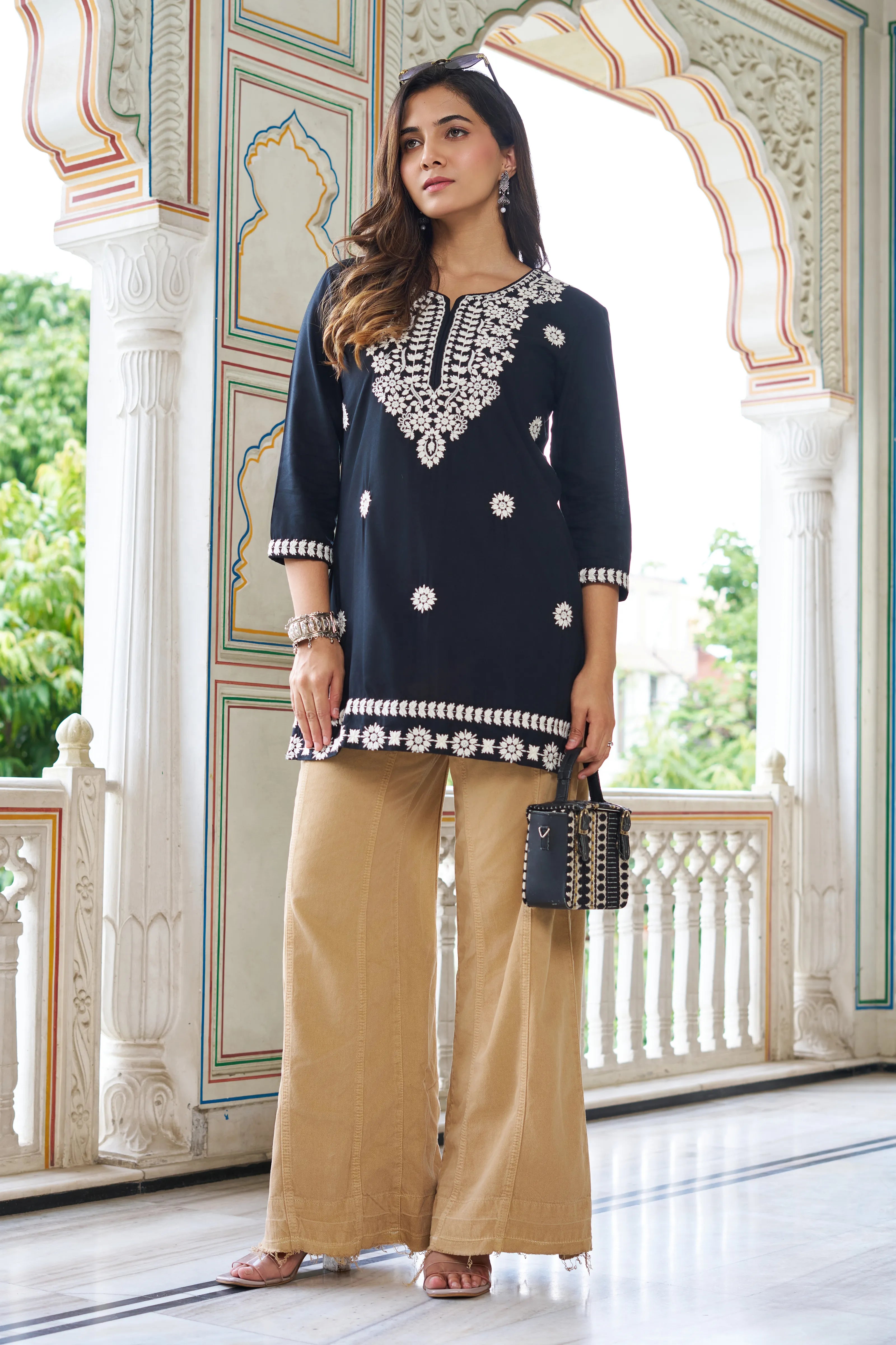 Black Cotton Short Kurti with White Chikankari Embroidery