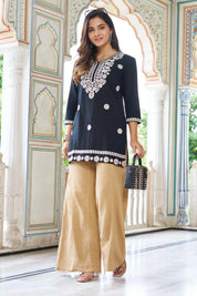 Black Cotton Short Kurti with White Chikankari Embroidery