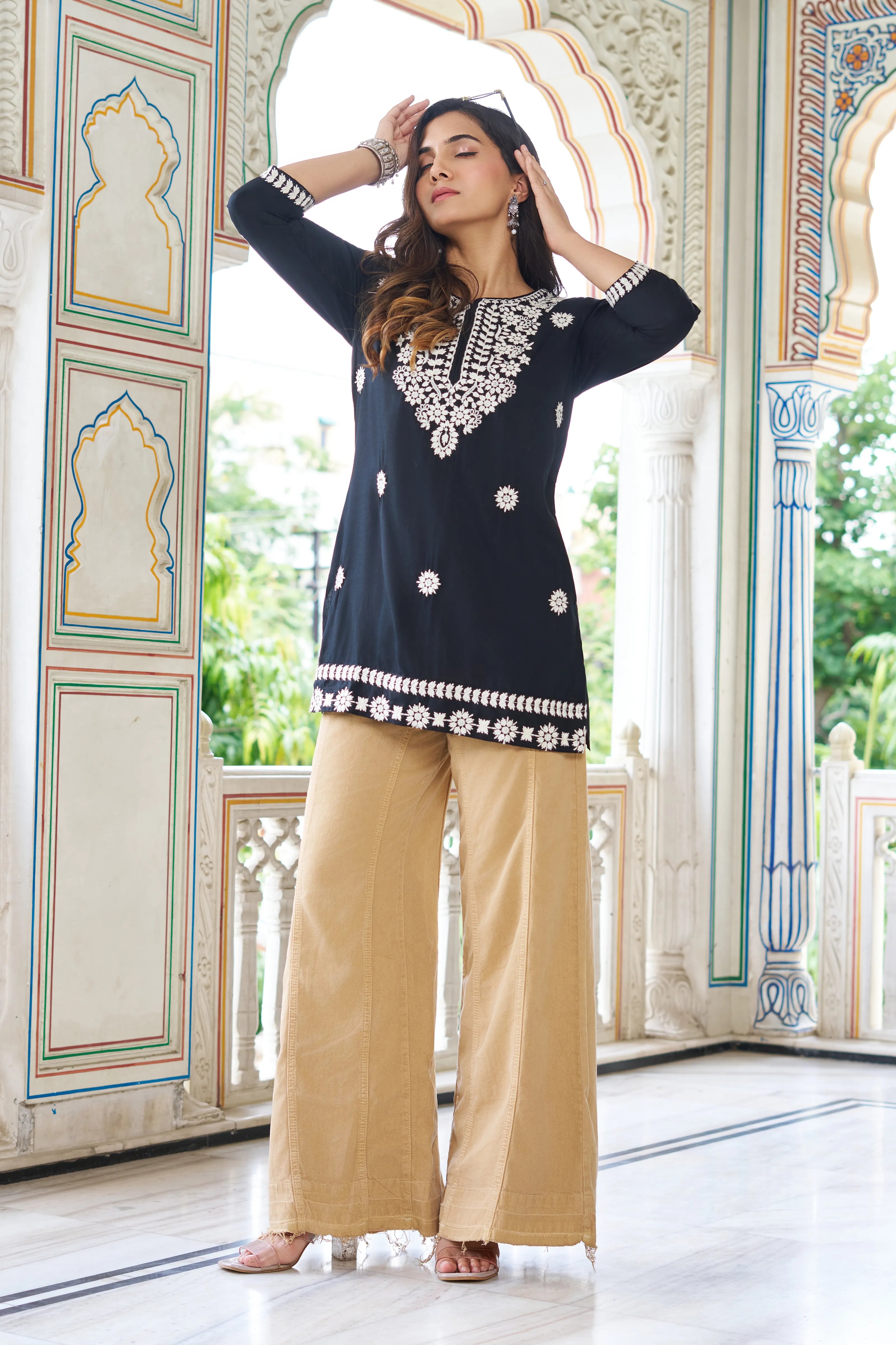 Black Cotton Short Kurti with White Chikankari Embroidery