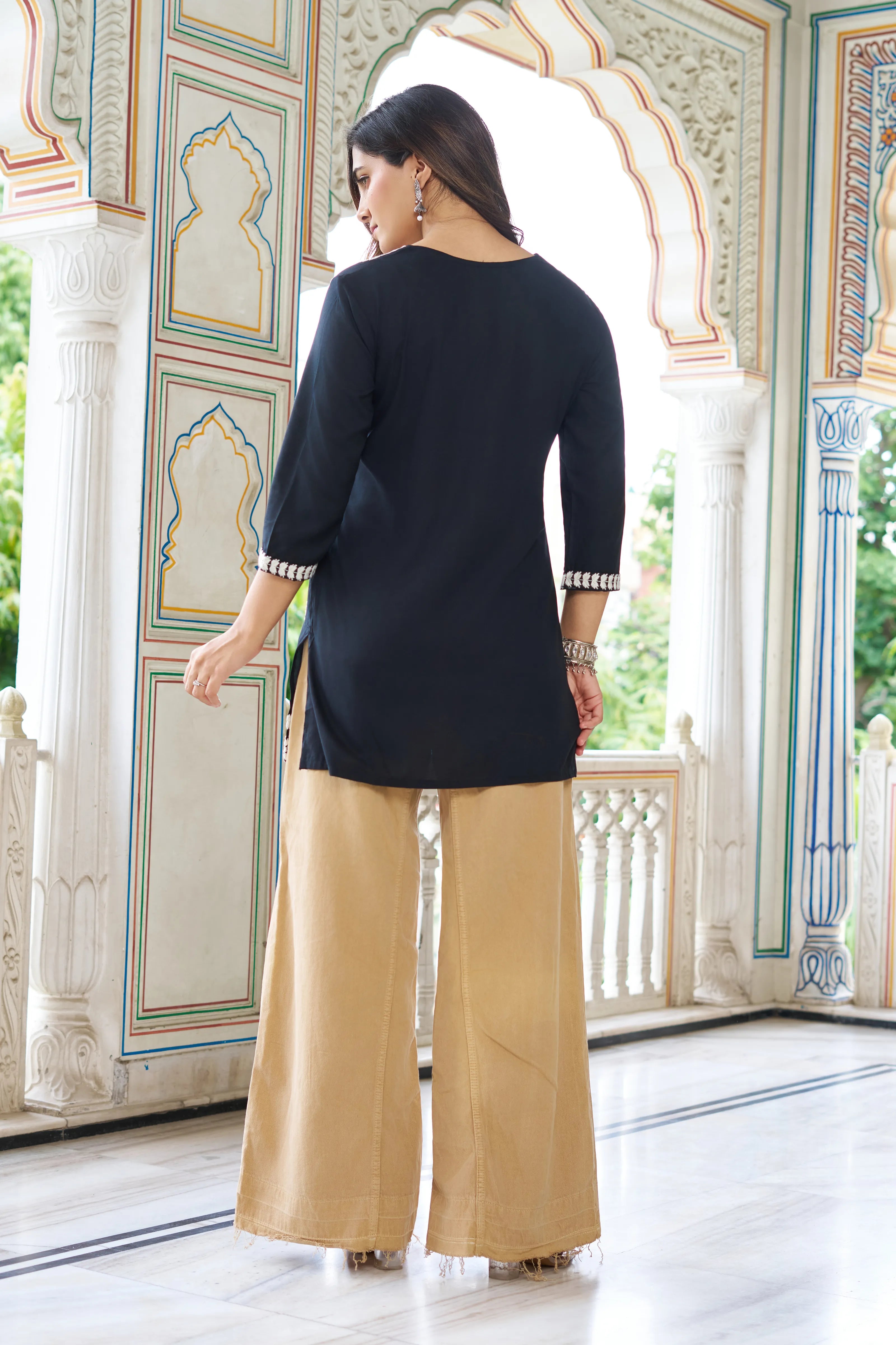 Black Cotton Short Kurti with White Chikankari Embroidery