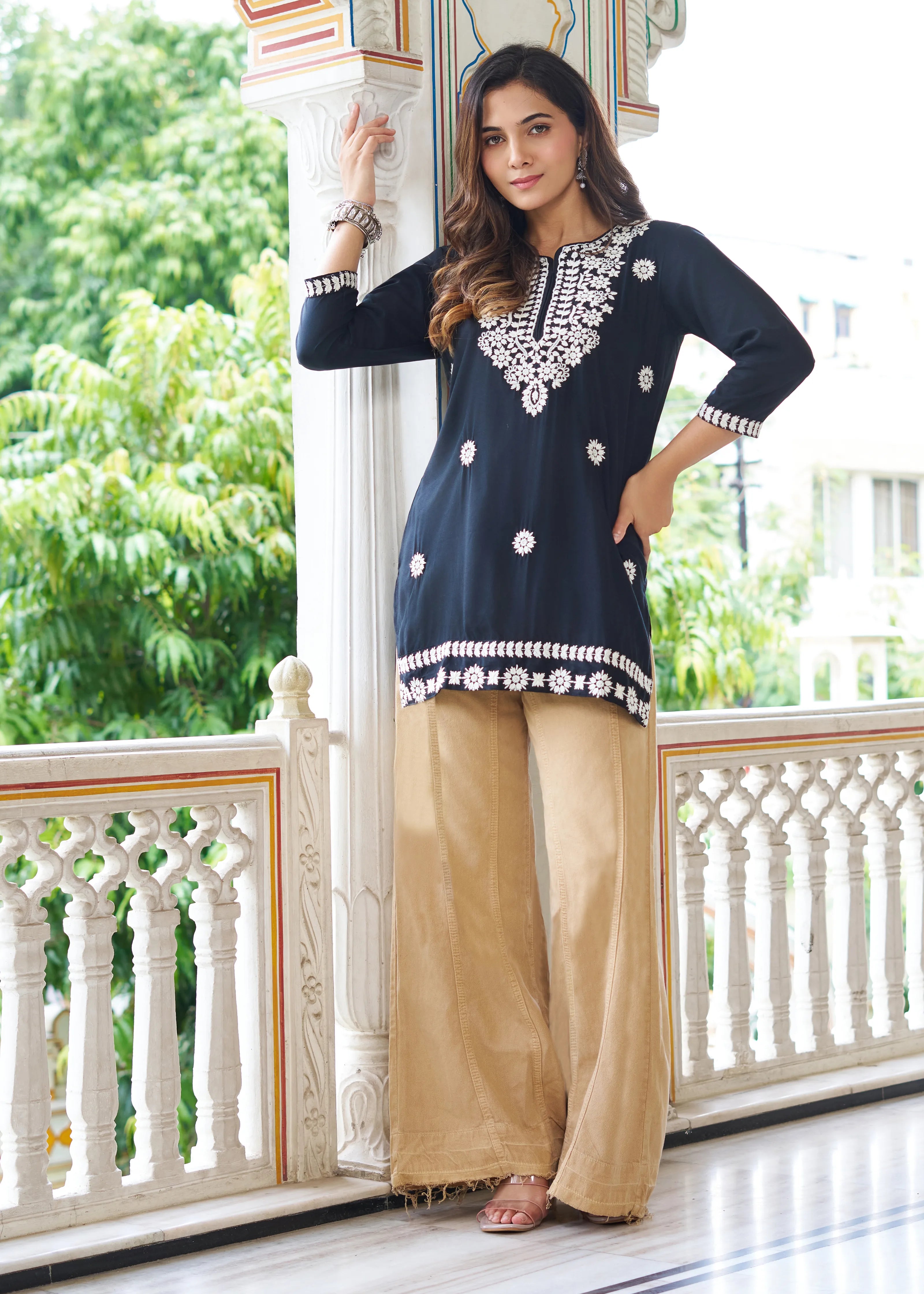 Black Cotton Short Kurti with White Chikankari Embroidery