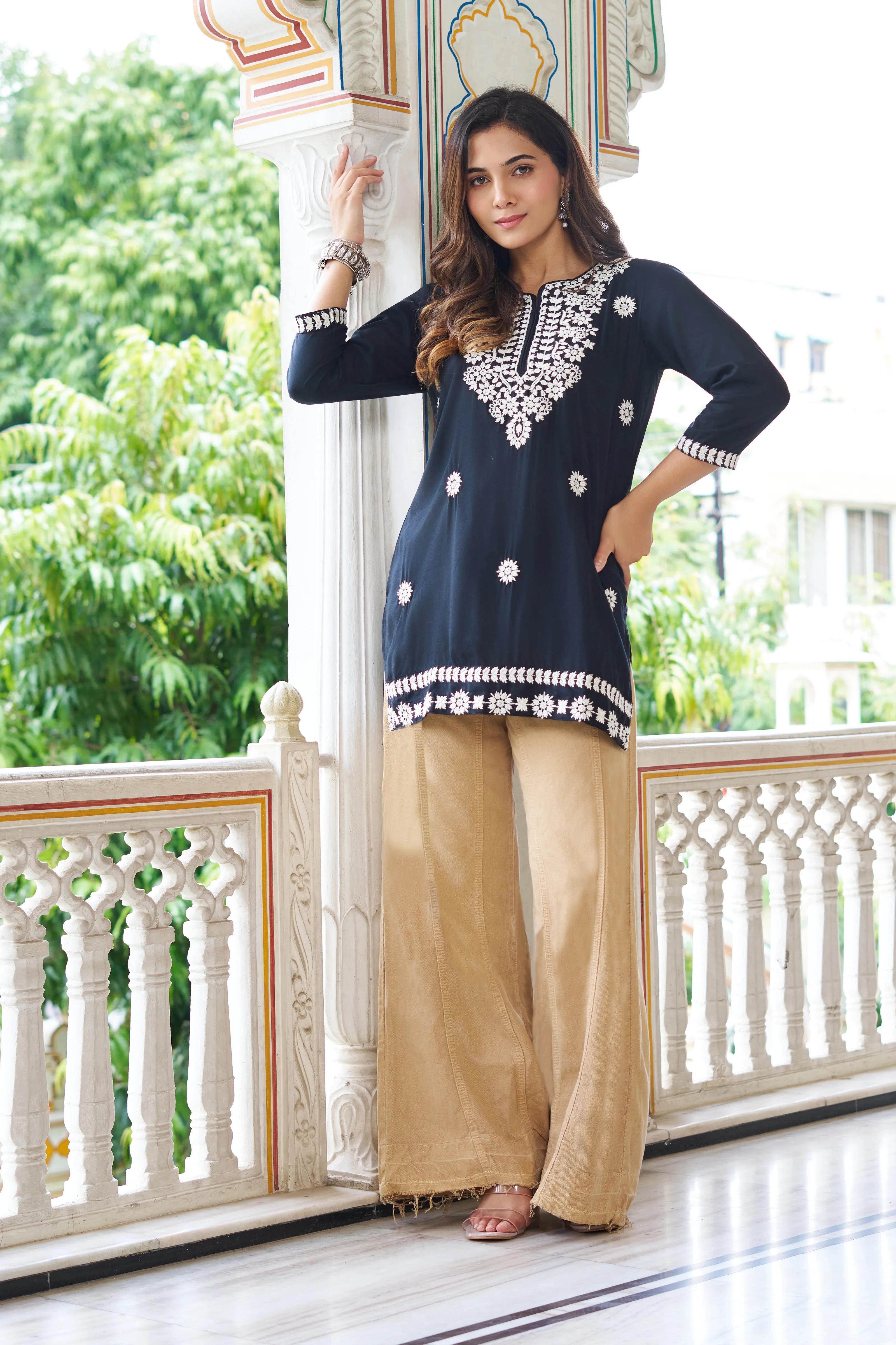 Black Cotton Short Kurti with White Chikankari Embroidery