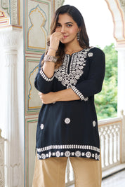 Black Cotton Short Kurti with White Chikankari Embroidery