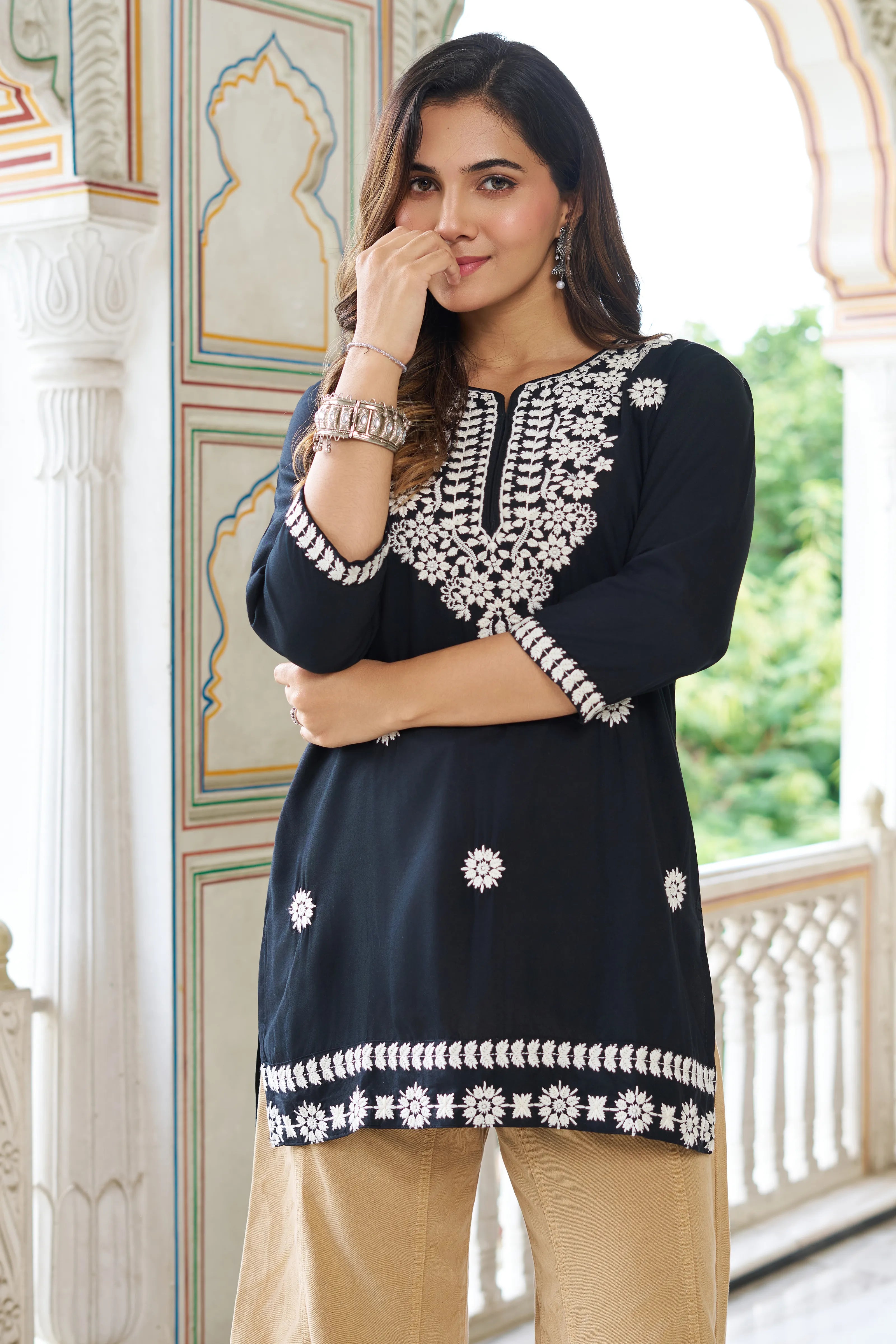 Black Cotton Short Kurti with White Chikankari Embroidery