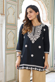 Black Cotton Short Kurti with White Chikankari Embroidery