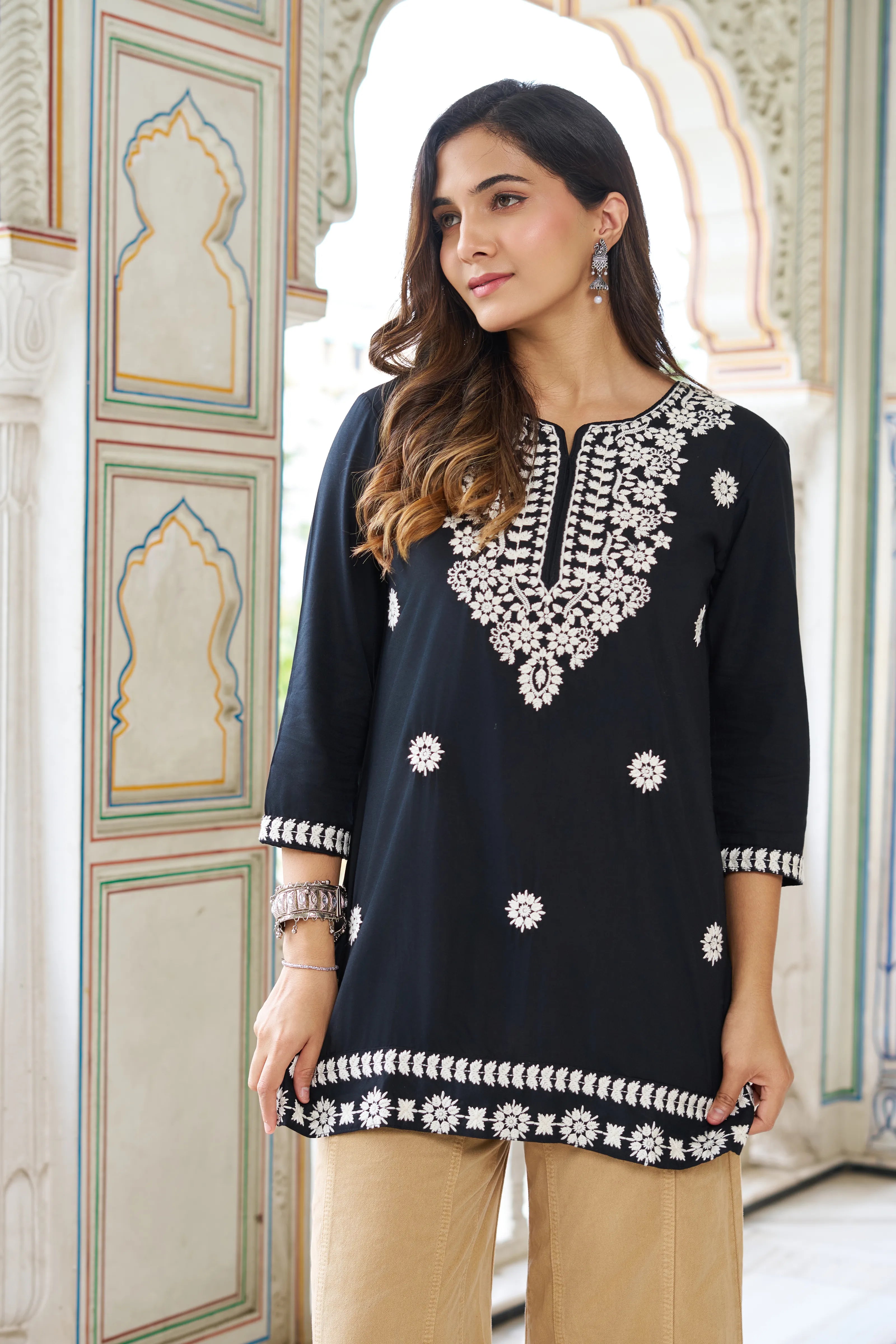 Black Cotton Short Kurti with White Chikankari Embroidery
