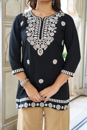 Black Cotton Short Kurti with White Chikankari Embroidery