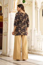 Black Floral Printed Short Kurti in Cotton