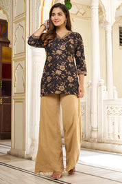 Black Floral Printed Short Kurti in Cotton