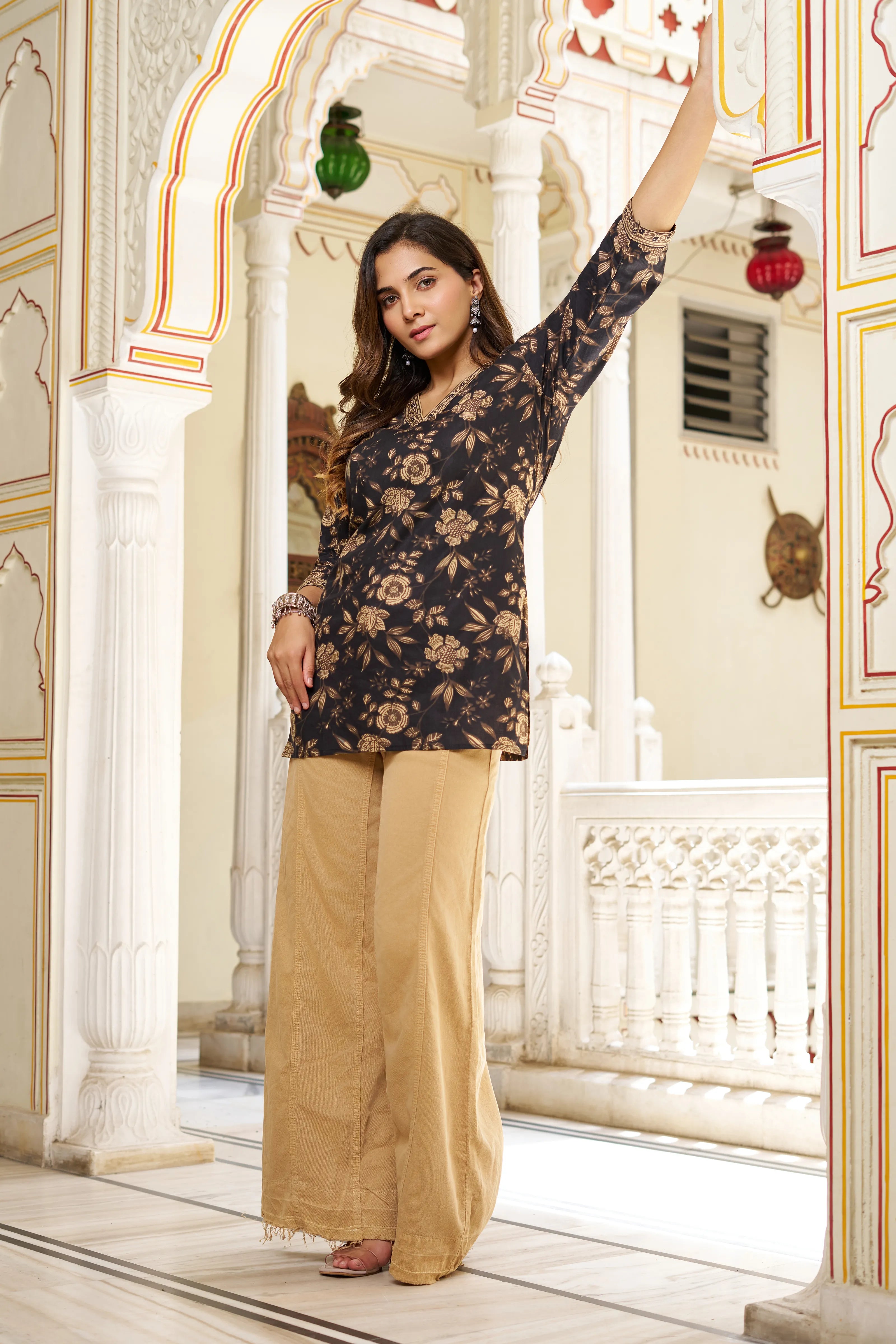 Black Floral Printed Short Kurti in Cotton