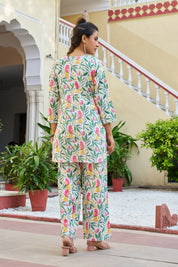 White Base Parrot Printed Cotton Co-ord Set