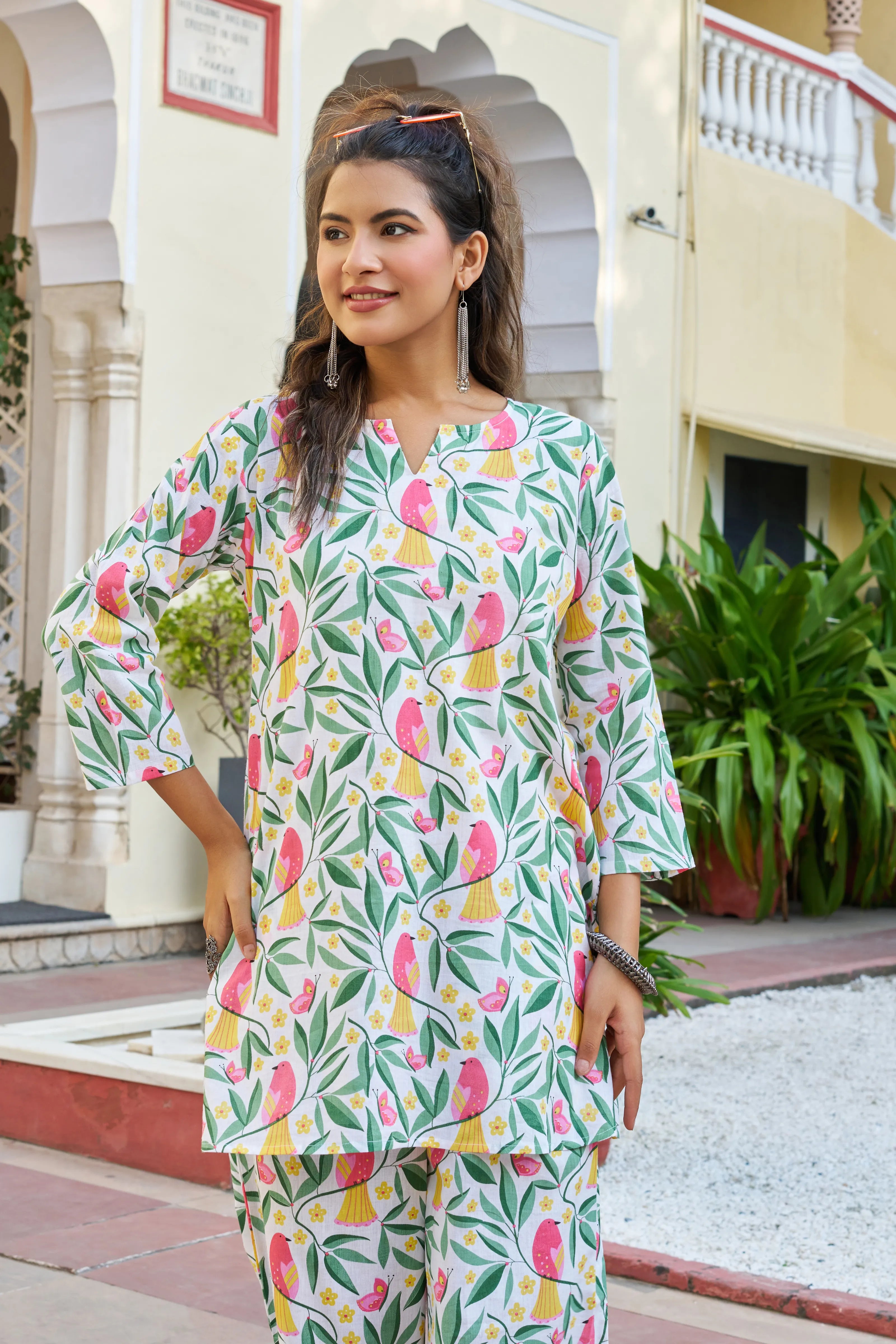 White Base Parrot Printed Cotton Co-ord Set