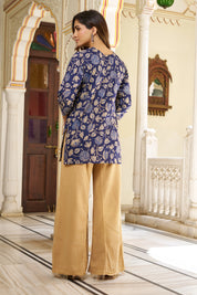 Navy Blue Floral Block-Printed Short Kurti in Cotton