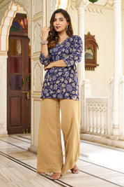 Navy Blue Floral Block-Printed Short Kurti in Cotton