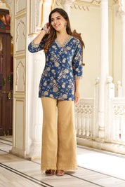 Dark Blue Floral Printed Short Kurti in Cotton