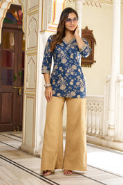 Dark Blue Floral Printed Short Kurti in Cotton