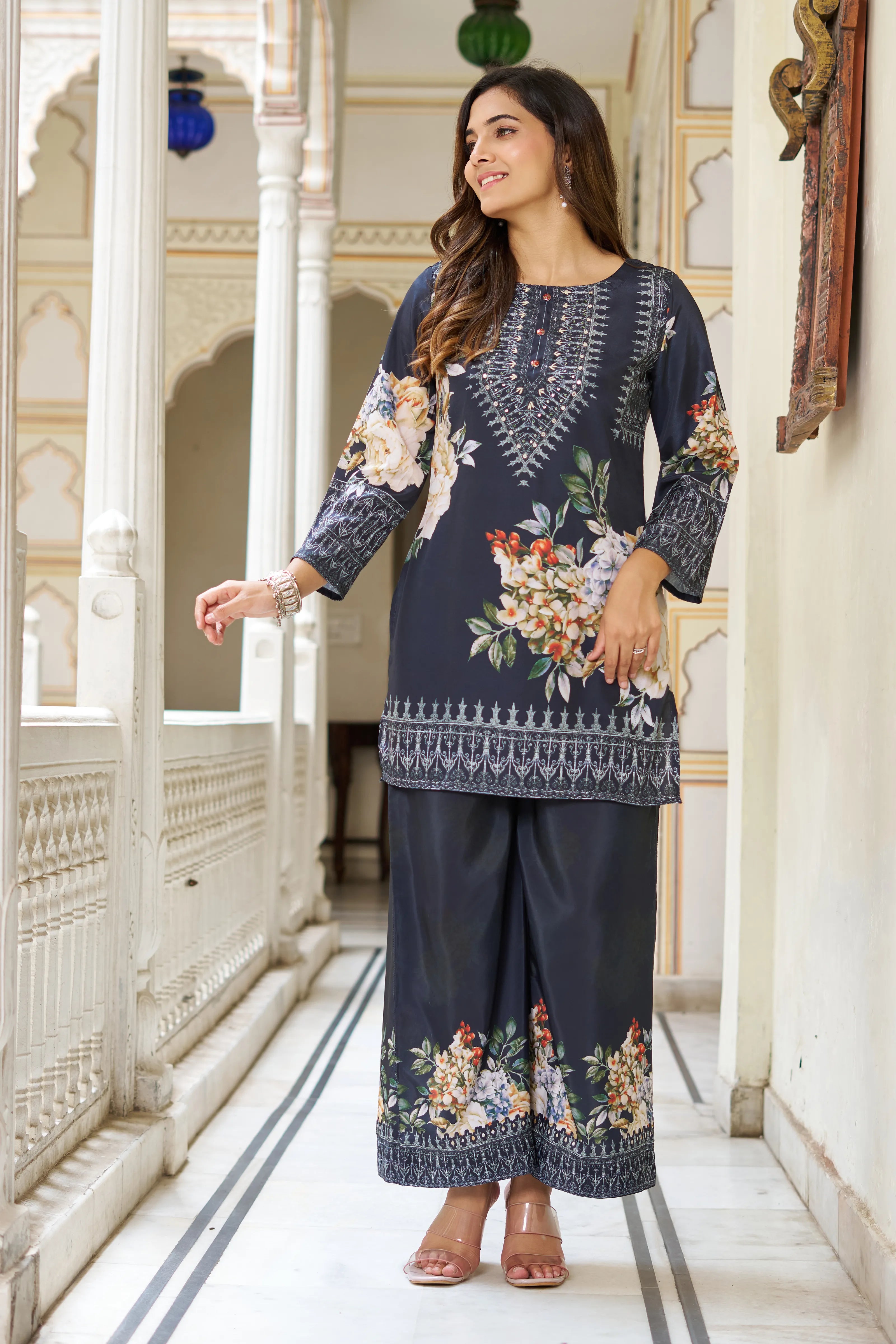 Black Base Multicolor Geometric Floral Co-ord Set