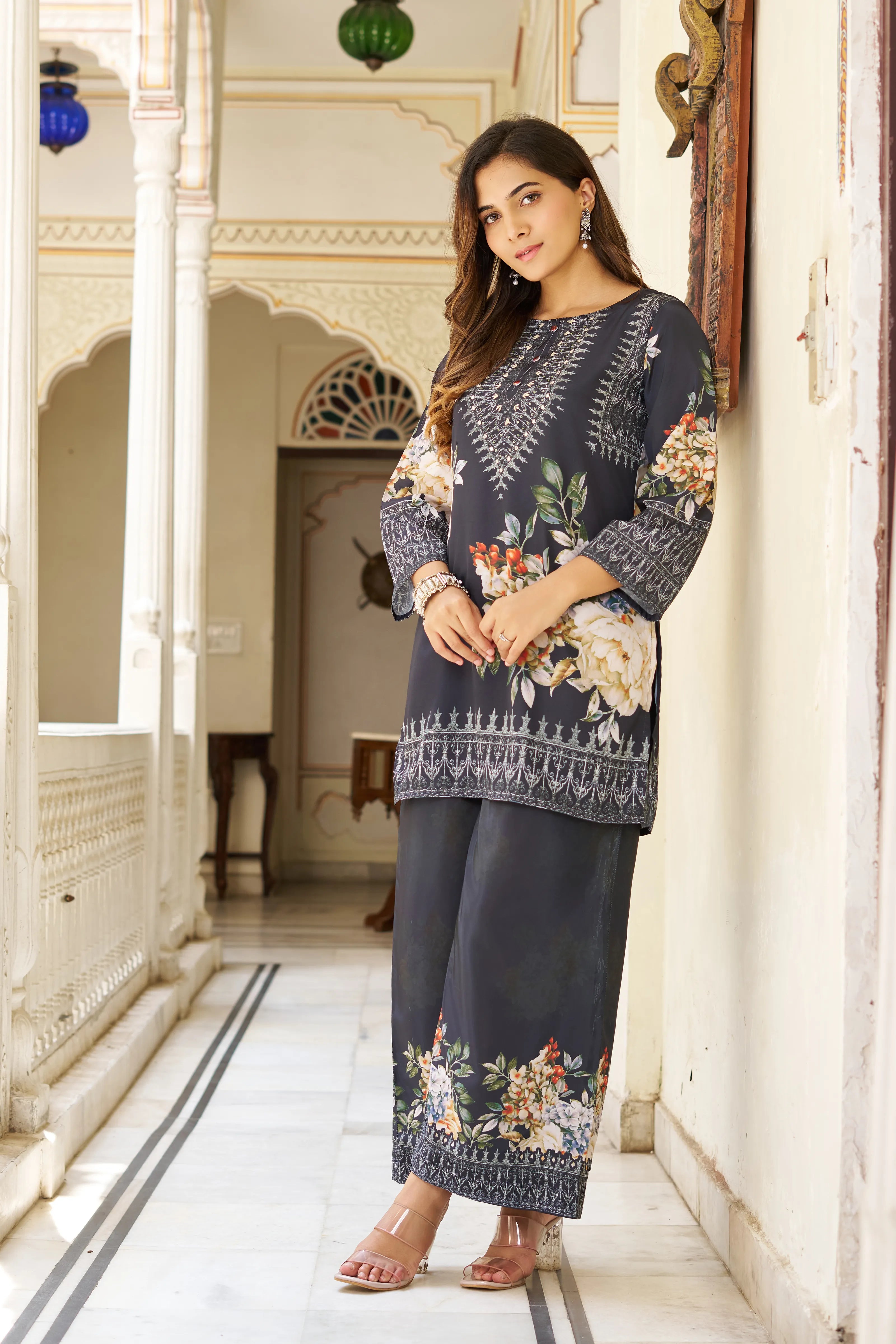 Black Base Multicolor Geometric Floral Co-ord Set