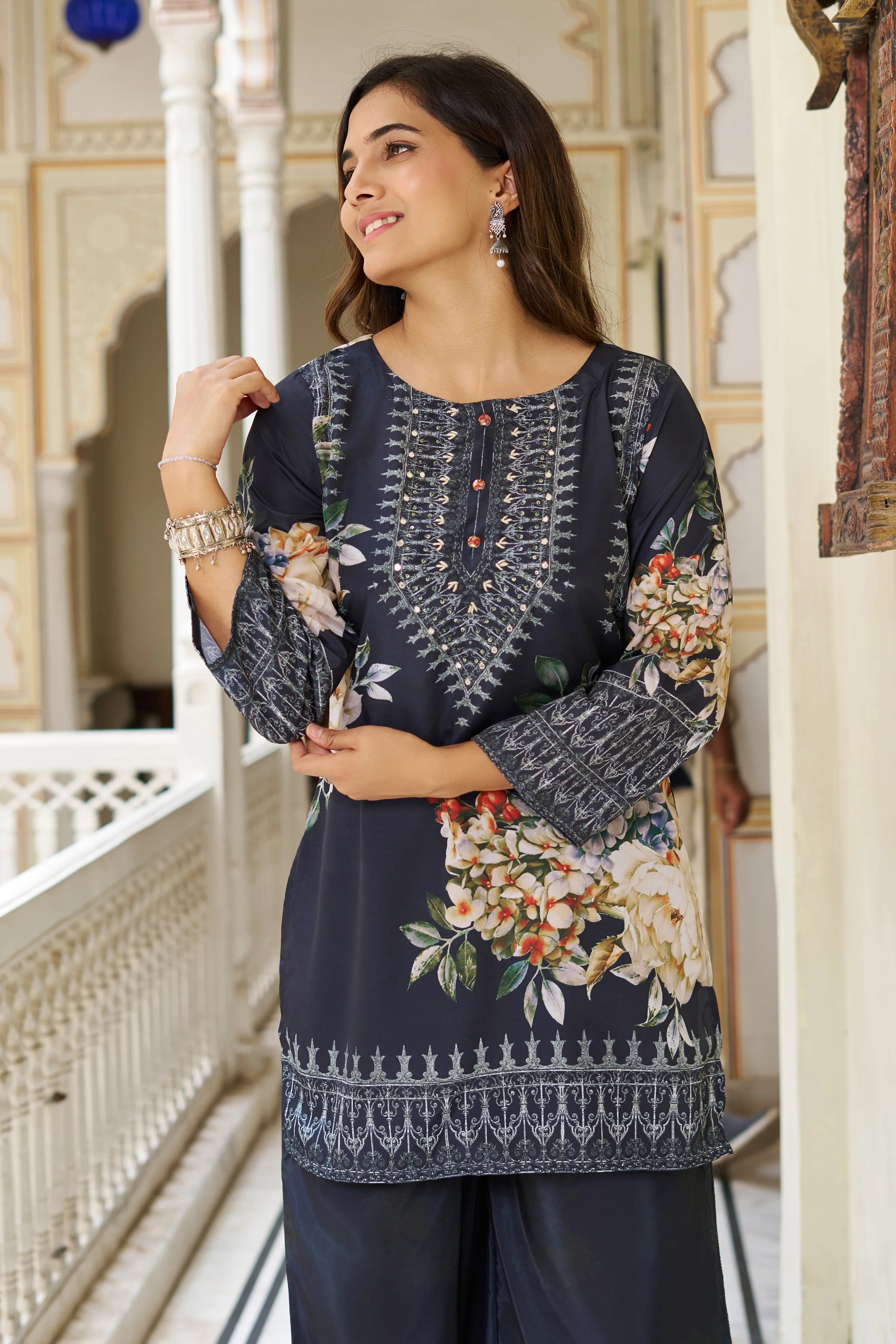 Black Base Multicolor Geometric Floral Co-ord Set