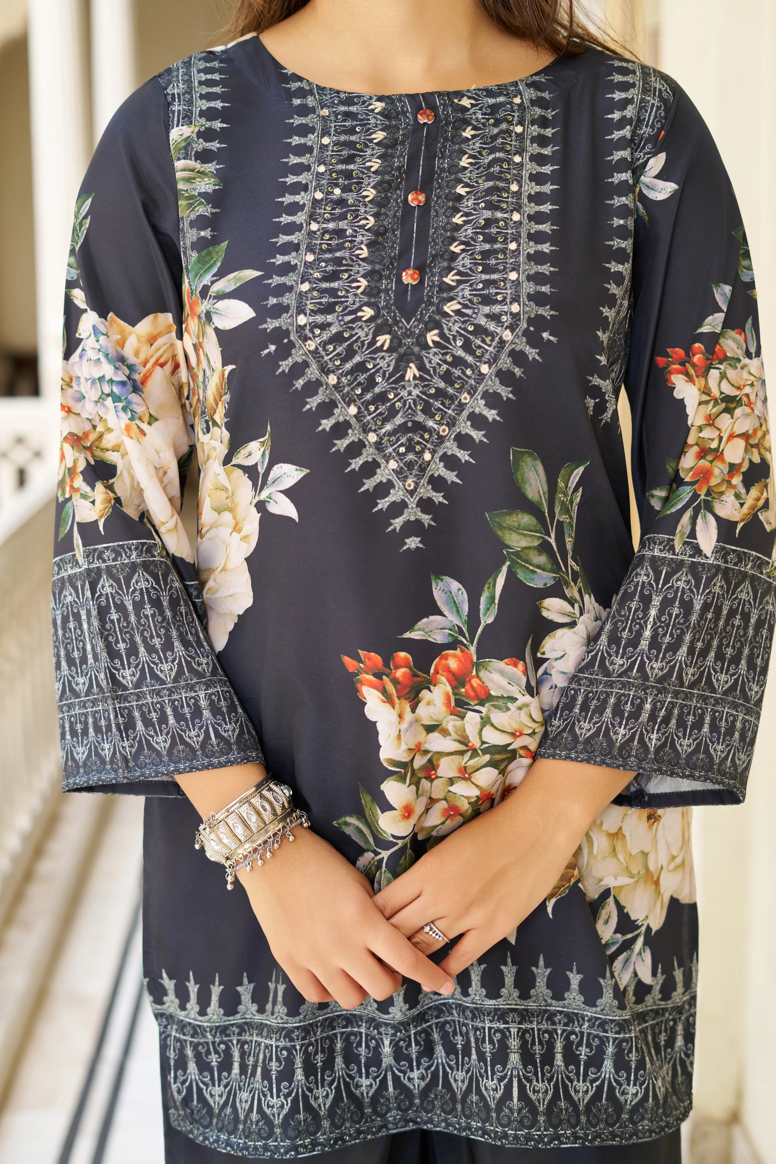 Black Base Multicolor Geometric Floral Co-ord Set