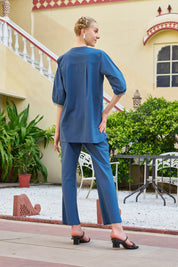 Teal Blue Half-Flower Embroidered Co-ord Set in Cotton Poplin