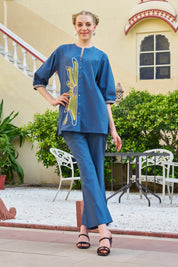 Teal Blue Half-Flower Embroidered Co-ord Set in Cotton Poplin