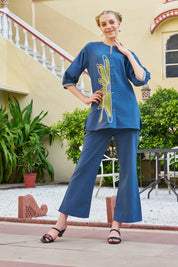 Teal Blue Half-Flower Embroidered Co-ord Set in Cotton Poplin