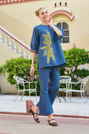 Teal Blue Half-Flower Embroidered Co-ord Set in Cotton Poplin